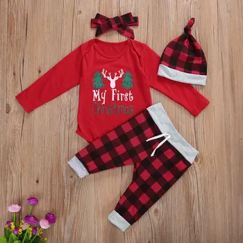 価格 2020 4 個幼児クリスマス衣装のスーツの袖サンタロンパーストップ + 赤-黒のチェック柄パンツ + 帽子 + ヘアバンドベビー少年少女