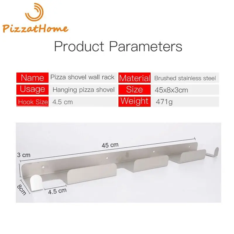 Pizza Shovel Wall Rack Brushed Stainless Steel Pizza Peel Rack Wall Mounted Hanger Shovel Holder