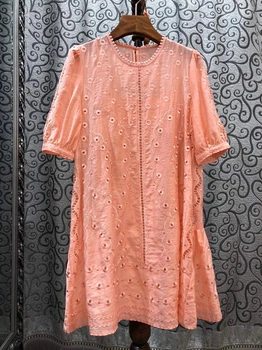 

2020 Spring and Summer New Women's Lined Decorative round Neck Embroidered Short Sleeve Solid Color Dress 529