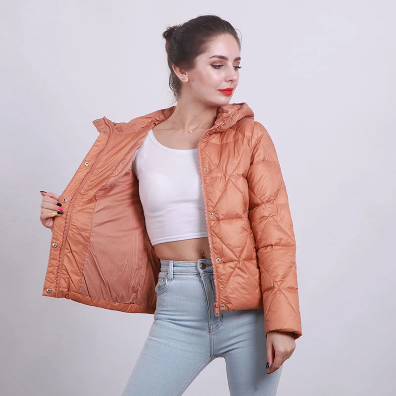 YNZZU Elegant Women's Down Jacket Winter Solid 90% White Duck Down Coat Warm Hooded Office Lady Short Fluffy Jacket A1281