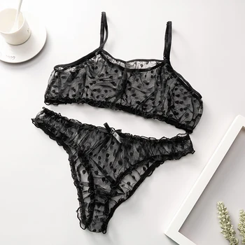 

New Sexy Lingerie Underwear Polka Dot Mesh Frill Trim Lace Lingerie Set Top Lace Invisible Transparent Bra Set for Women