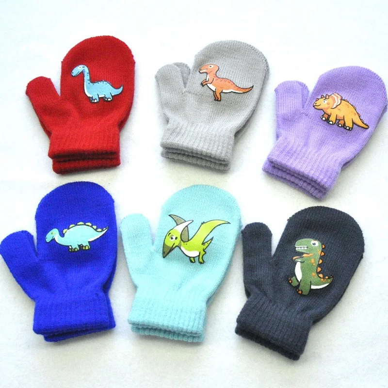 

1-5years Kids Winter Mittens Outdoor Sport Warm Wool Gloves Cartoon Dinosaur Knitted Mittens for Baby Girls Baby Boys KF192