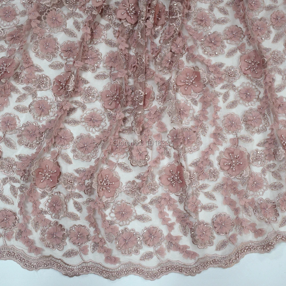 

2020 pink handmade beaded lace fabric with pearls 3d flower lace fabric HY0787-5