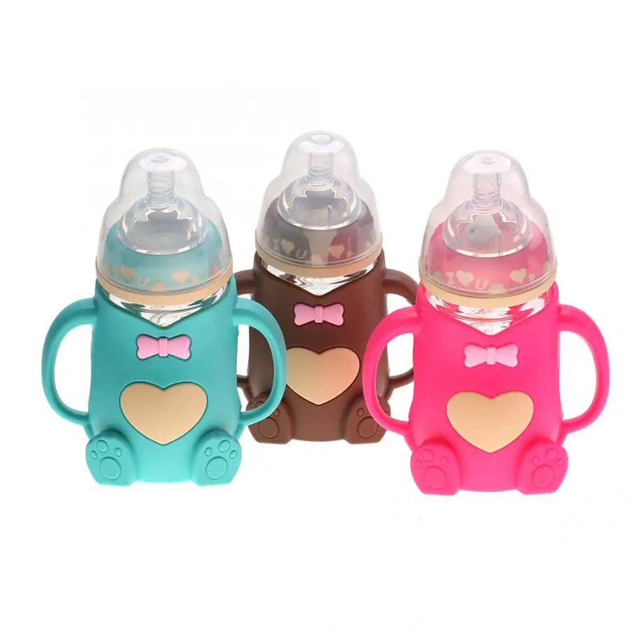 

240ml Baby Silicone Milk Feeding Bottle Mamadeira Vidro BPA Free Safe Infant Juice Water Feeding Bottle cup Glass Nursing Bottle