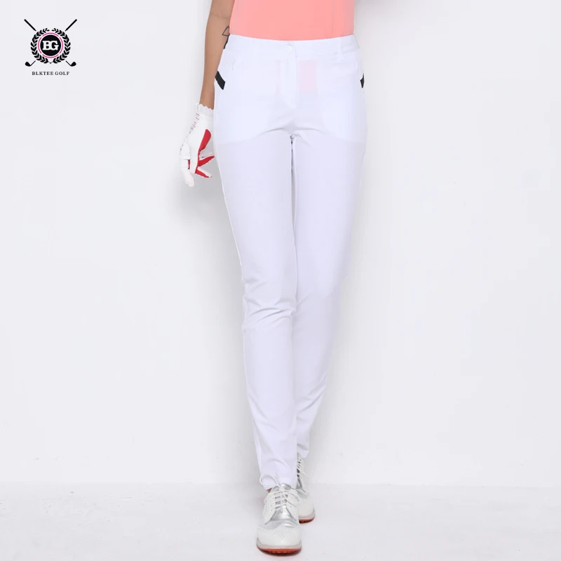 

Lady Golf Pants Long slim elastic pants full length trousers white quick dry breathable fabric stripped pocket black trousers
