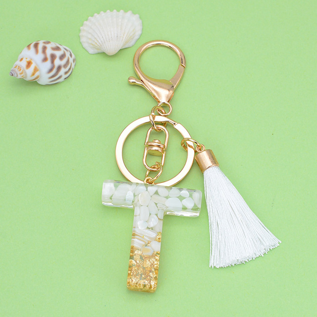 Gold Tassel Alphabet Keychain English Letter Keyring Glitter Gradient Resin Gold Leaf Crafts Car Mirror Handbag Charms
