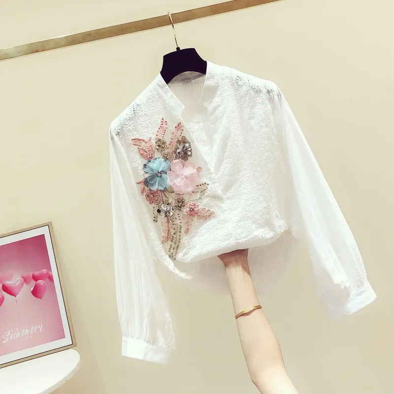 

2020 Spring New Sequined Embroidered Flower V-neck Long-Sleeve Shirt Women's Casual Blouses Flower Blouse Woman Ladies White Top