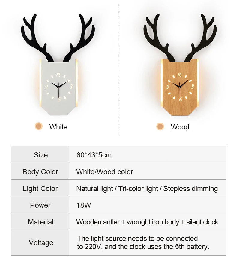 Nordic Led Wall Light Antlers Clock Sconce Lamp Modern Creative Deer Wood Lamps Living Room Bedroom Bedside Hanging Clock Decor