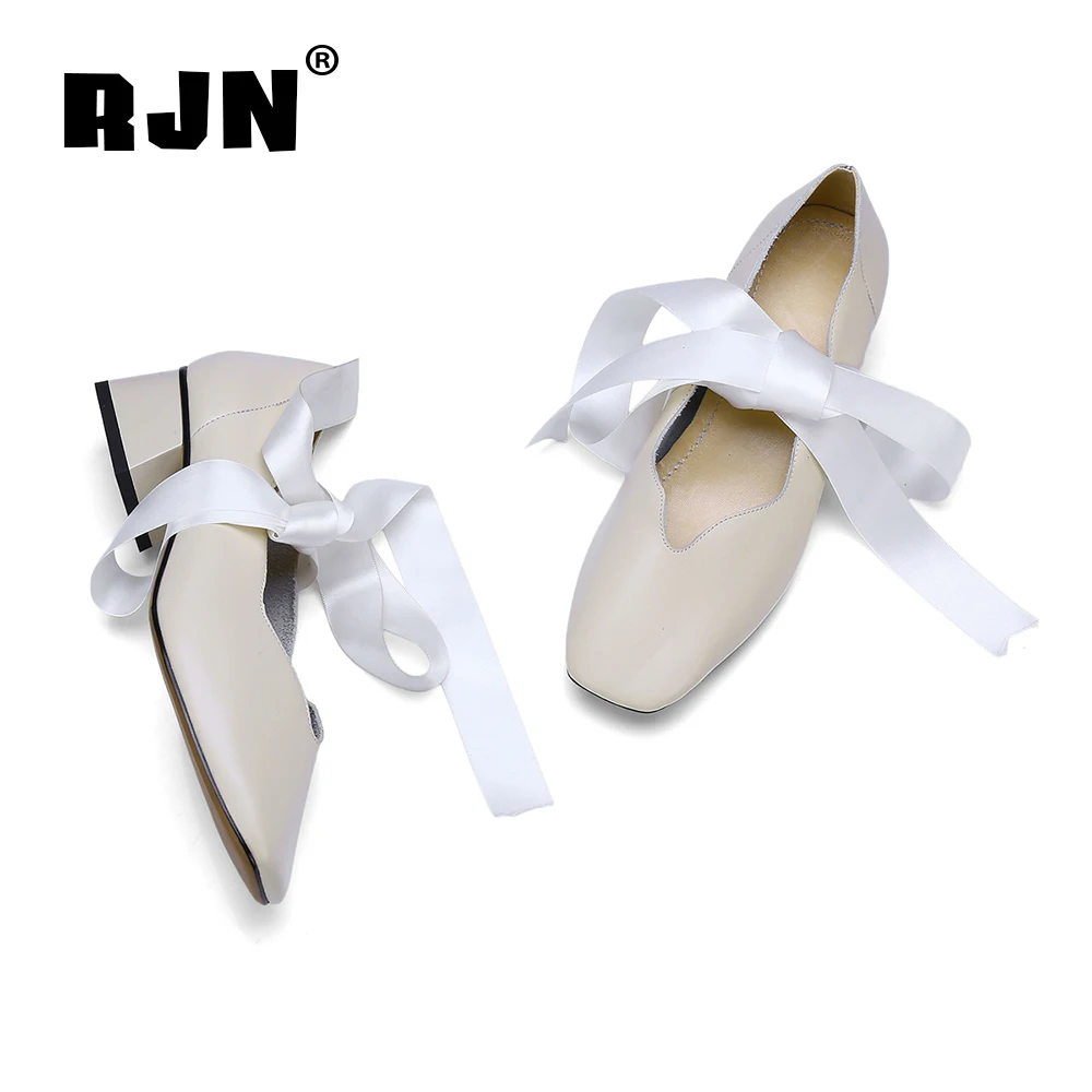 RJN Elegant Shallow Women Pumps Flower Lace Ribbon Decoration Comfortable Square Toe Med Heel Genuine Leather Slip-On Shoes RO42