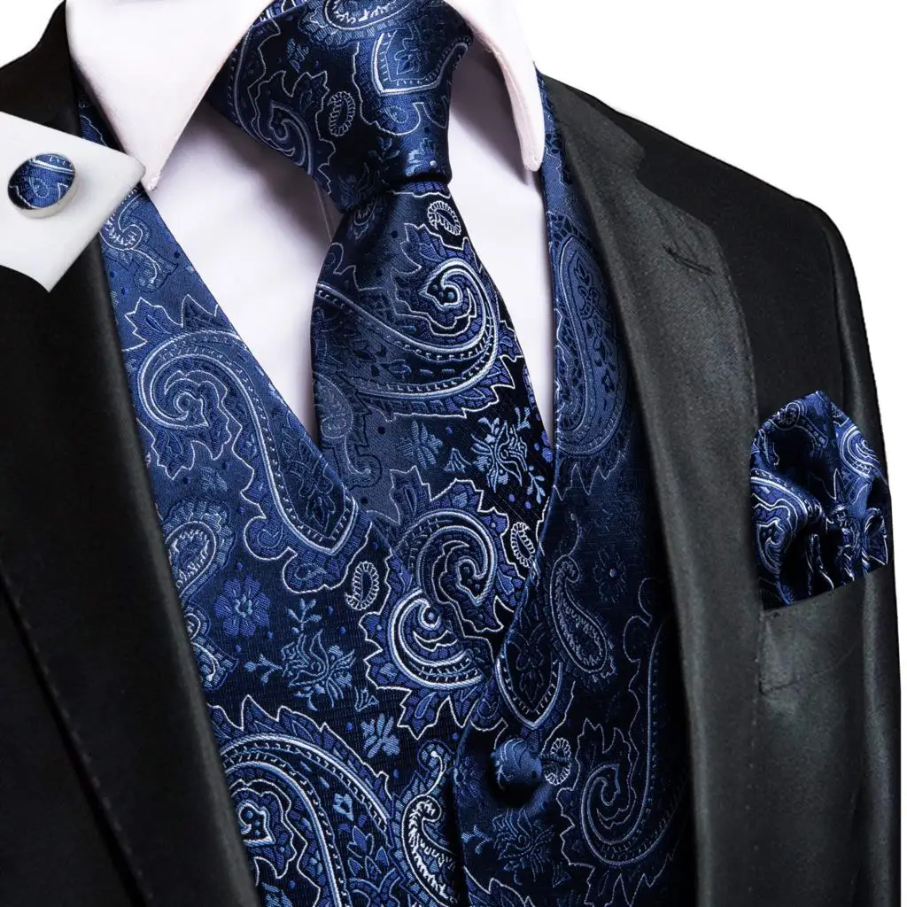 Hi-Tie 20 Color Silk Men's Vests and Tie Business Formal Dresses Slim Vest 4PC Hanky cufflinks for Suit Blue Paisley Waistcoat