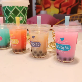 

Creative Mini Soft Drink Keychain Coconut Milk Tea Beverage Bubble Tea Acrylic Moving Liquid Oil Drop Decompression Jewelry Gift