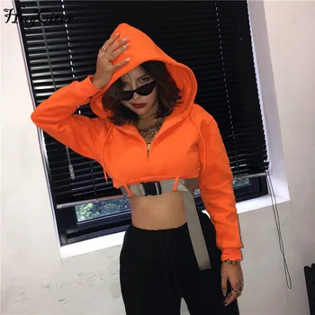 

Hugcitar 2019 long sleeve hooded buckle-wrapped sweatshirts autumn winter women streewear sexy crop tops outfits