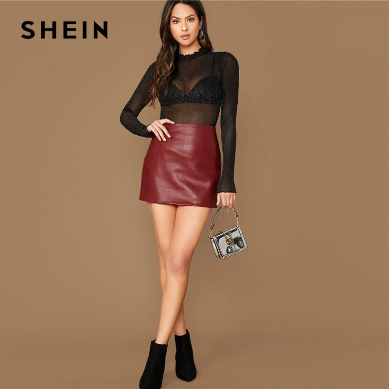 SHEIN черный салат Отделка Стенд воротник блеск сетка сексуальный топ без бюстгальтера Женский Топ осень с длинным рукавом однотонные вечерние прозрачные футболки