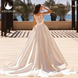 Aedmgh A-Line Matte Satin Wedding Dresses 2021 O-Neck Sleeveless Robe De Mariee Beaded Lace Princess Simple Vestido De Novia