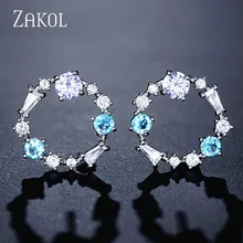 ZAKOL романтические синие и белые круглые серьги с цирконием кубической огранки для женщин модные свадебные подарки ювелирные изделия FSEP2354