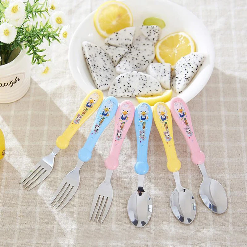 

2pcs/set Print Cartoon Baby Kids Feeding Spoon + Fork High Quality Stainless Steel Baby Spoon Flatware Lovely Baby Flatware