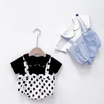 

Baby girls dot short sleeve fake two pieces bodysuits infant kids cotton doll collar Coveralls