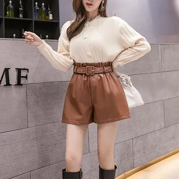 

Pu Faux Leather Women's Short High Waist Elastic Korean Style Solid 2019 Autumn Winter Lace Up Streetwear Offce Ladies Shorts