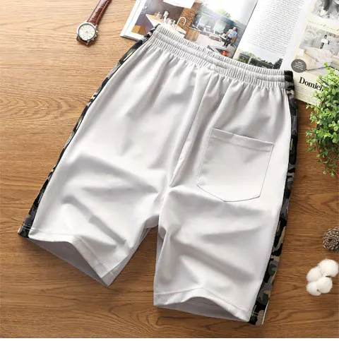 Casual Men's Beach Shorts Brand Fashion Solid Colors Printing Streetwear Trousers Drawstring Waist Bermuda Short Pants - Color: Beige White