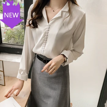 

ops solid color chiffon notched shirt long sleeve work clothes ladies 2020 new summer dress ladies t
