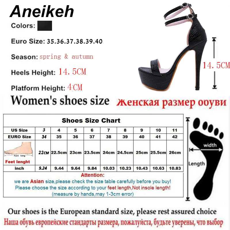 Aneikeh/сезон весна; элегантные модные босоножки из искусственной кожи; Женские однотонные черные босоножки с пряжкой на ремешке с круглым носком на платформе и высоком тонком каблуке с закрытой пяткой; Размеры 35-40
