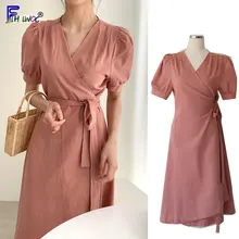 Темпераментные платья, Длинная женская одежда с коротким рукавом, v-образный вырез, Офисная Леди, корейский стиль, дизайн галстук-бабочка, розовое хлопковое льняное платье, винтажное 7129