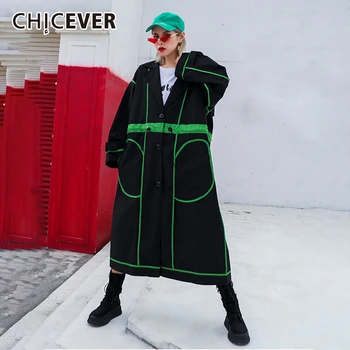 

CHICEVER Hit Color Windbreaker Female Lapel Collar Long Sleeve Oversize Loose Patchwork Coat Women 2020 Autumn Fashion Clothes