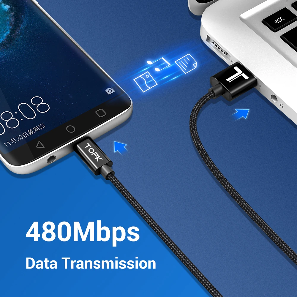 TOPK USB Type C кабель 3A Быстрая зарядка для передачи данных мобильный телефон зарядное