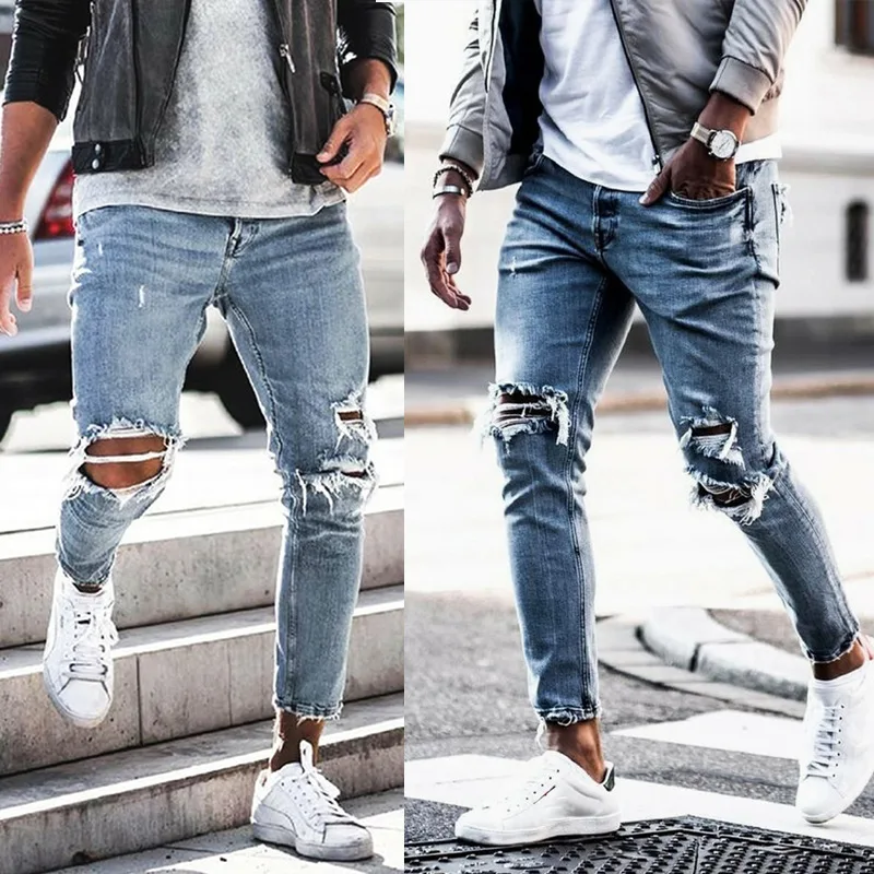 

Men's Jeans Skinny Hip Hop Cool Streetwear Biker Embroidery Patch Hole Ripped Zipper Jeans Slim Mens Clothes Pencil Homme Jeans