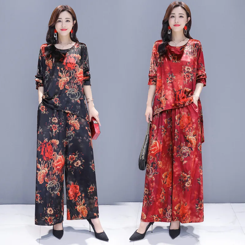 

Large Size New Style Ethnic-Style Retro Gold Velvet Printed Set Crew Neck Tops Wide-Leg Trousers Two-Piece Set