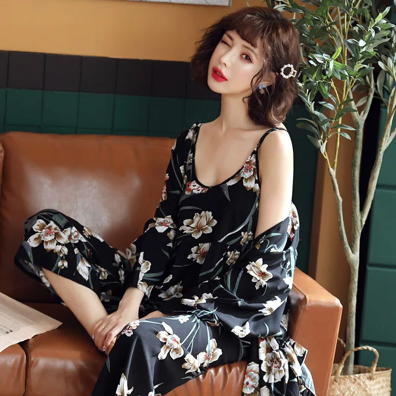 

Spring Summer Women 3Pcs Pajamas Set Rayon Sleepwear Long Sleeve Trousers Spaghetti Strap Sun-top Suit Nightwear Home Clothes