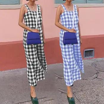 

Women's Jumpsuits Vintage Plaid Dungarees Celmia 2020 Summer Sleeveless Romper Casual Loose Wide Leg Pants Female Pantalon S-5XL