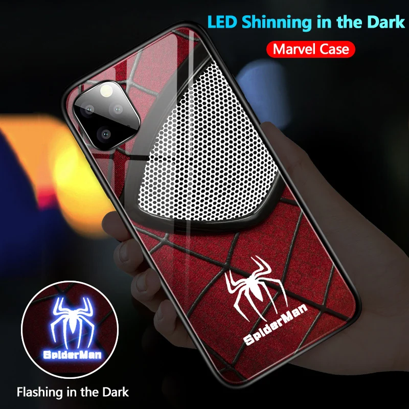 For iPhone XS Max XR 11 Pro Cases LED Flashing Marvel Avengers Ironman Casing Tempered Glass Cover Case For iPhone 6 6S Plus 7 8 - Цвет: Spiderman 1