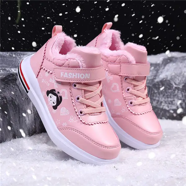 PINSEN/Новинка года; зимние детские кроссовки; обувь для девочек; теплая детская обувь; плюшевая обувь для девочек; детская повседневная спортивная обувь для девочек - Цвет: Розовый