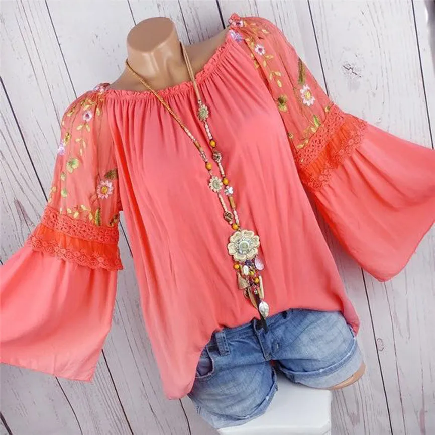 Женские топы и блузки Boho Модные женские топы с круглым вырезом блузка с цветочной вышивкой кружевные топы с расклешенными рукавами женские топы больших размеров