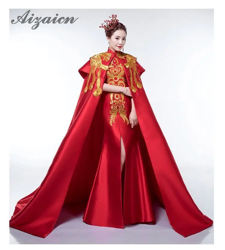 Роскошное элегантное вечернее платье красного цвета с вышивкой золотистого Феникса, винтажные платья Ципао, традиционное китайское