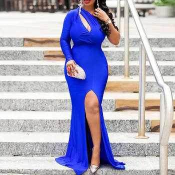 

African Ladies Sexy One Shoulder Evening Party Long Dress Sheath Plus Size Hollow Out High Slit Women Maxi Prom Dresses