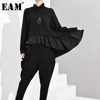 

[EAM] Loose Fit Black Ruffles Asymmetrical Sweatshirt New Round Neck Long Sleeve Women Big Size Fashion Spring Autumn 2020 1A52