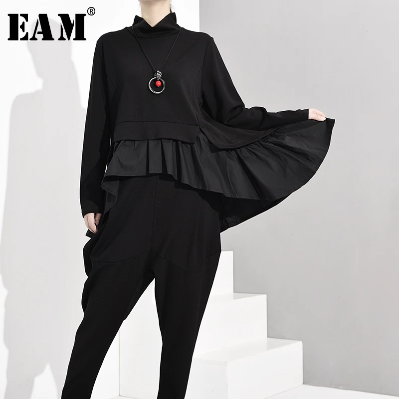 

[EAM] Loose Fit Black Ruffles Asymmetrical Sweatshirt New Round Neck Long Sleeve Women Big Size Fashion Autumn Winter 2019 1A52