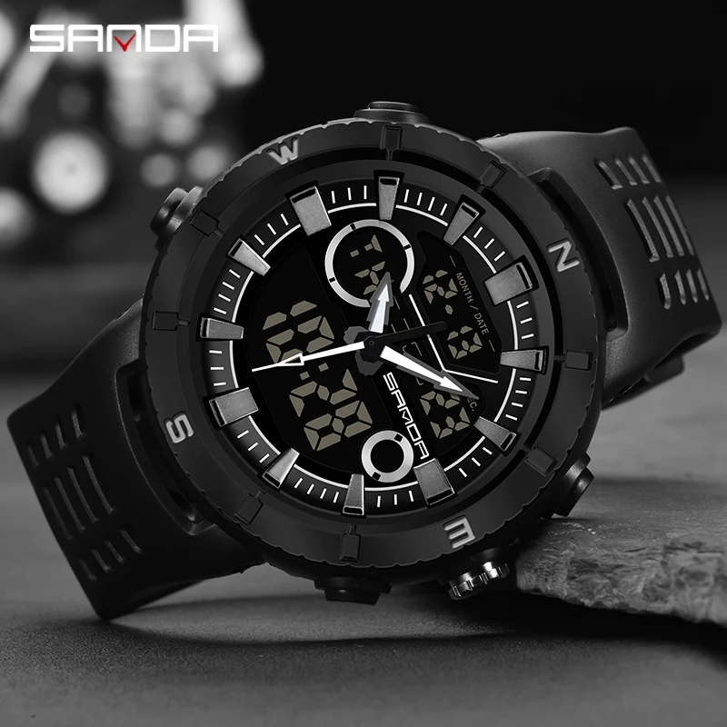 SANDA Multifunctional Men Military Watch Luminous HD LED Dual Display Waterproof Watch Fashion Trend Mens Watches Reloj Hombre