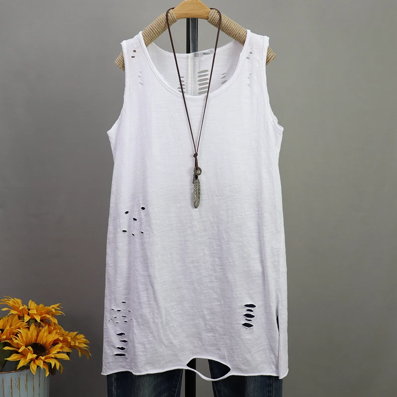 Women Loose Solid Color Holes Tanks Sleeveless Tops Ladies Casual