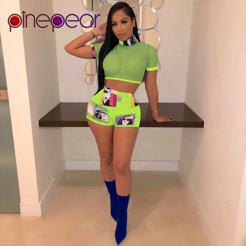 

PinePear Green Cute Character Print 2 Piece Set Women Short Sleeve Playsuit Streetwear Plus Size S-3XL 6 Colors Drop Shipping
