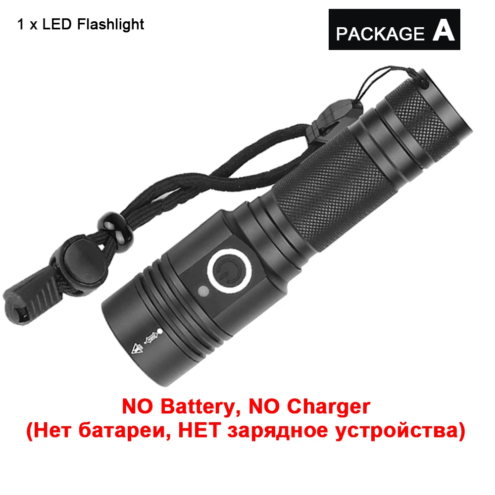 Супер яркий XHP50 светодиодный фонарик самый мощный фонарик с зумом охотничья вспышка light18650 водонепроницаемый USB перезаряжаемый светодиодный фонарь - Испускаемый цвет: Package A
