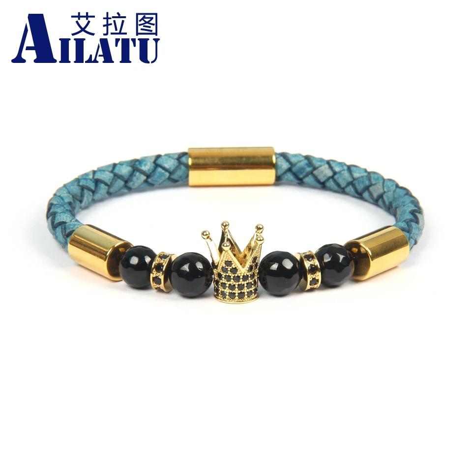 Ailatu Men's New Cz Crown Bracelet Genuine Blue Cowhide Leather Stainless steel Gold Beads Magnetic Clasp Vintage Male Bangle
