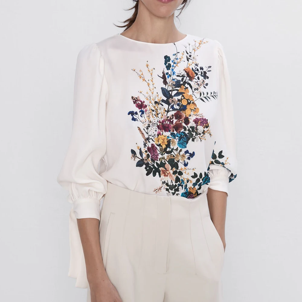 

2019 za women's office lady wear FLORAL PRINT blouses Round neck top with long balloon sleeves with tied cuffs.