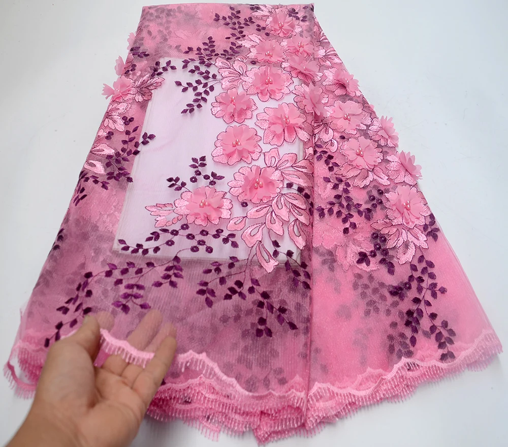 

African Beaded 3D Tulle Lace Fabric 2019 African French Lace Fabric High Quality Nigerian Embroidery Tulle French Lace
