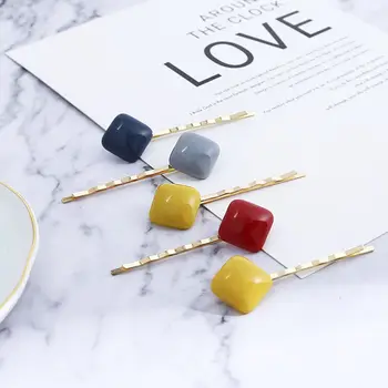 

New 2Pcs/set Fashion Hit Color Hair Clips Hairpins Resin Metal Geometric Round Square Barrettes For Women Girls Hair Accessories