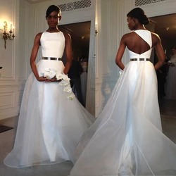 Gold Belt Organza Open Back A Line Cheap Custom Simple Elegant Wedding bridal evening gown 2018 Mother of the Bride Dresses