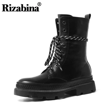 

RizaBina Women Comfortable Real Leather Ankle Boots Thick Sole Motorcycle Boots Shoes Woman Winter Platform Footwear Size 34-39