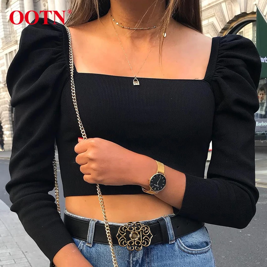 OOTN, сексуальный женский короткий топ с длинным рукавом и буфами, Осень-зима, женские вязаные топы, тонкая женская черная короткая блузка, топы, уличная одежда